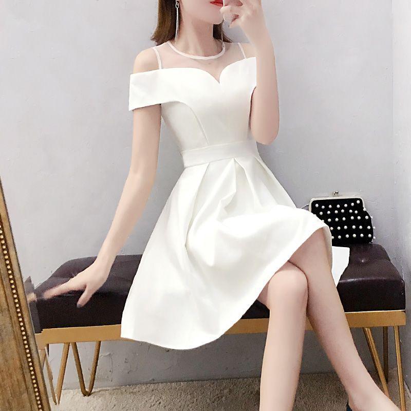 Women's Elegant White One-Shoulder A-line Midi Dress - Summer 2026 Slimming Style
