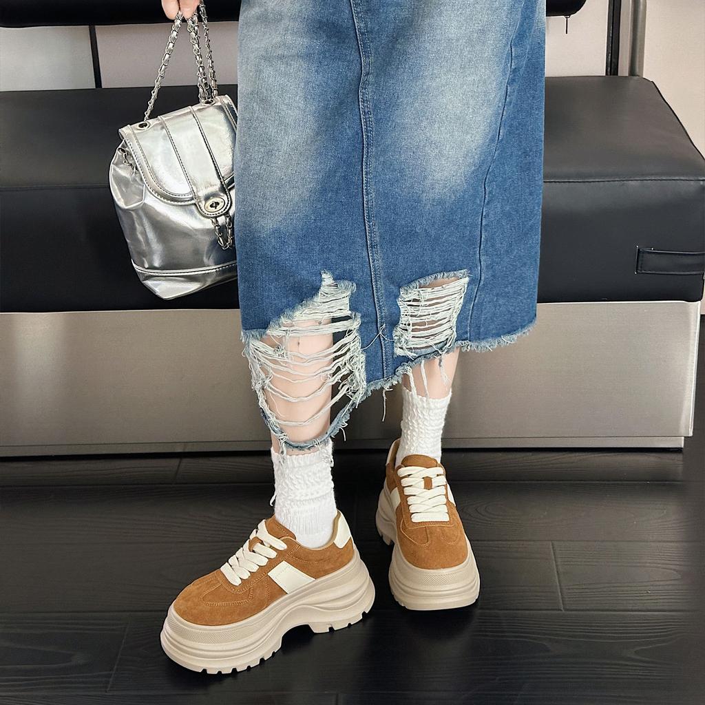 Frosted leather platform muffin shoes women's autumn new versatile fashion casual height-increasing sports shoes