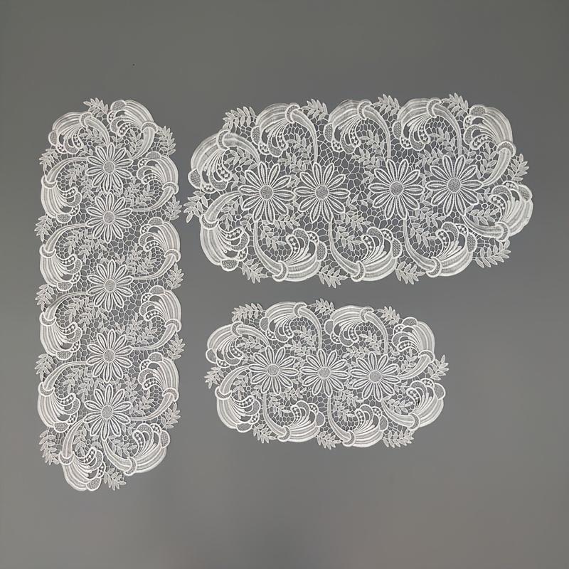Elegant White Velvet Lace Oval Tablecloth Table Mat - Floral Pattern Polyester Tablecloth, Suitable for Catering, Coffee and Home Decor, Perfect