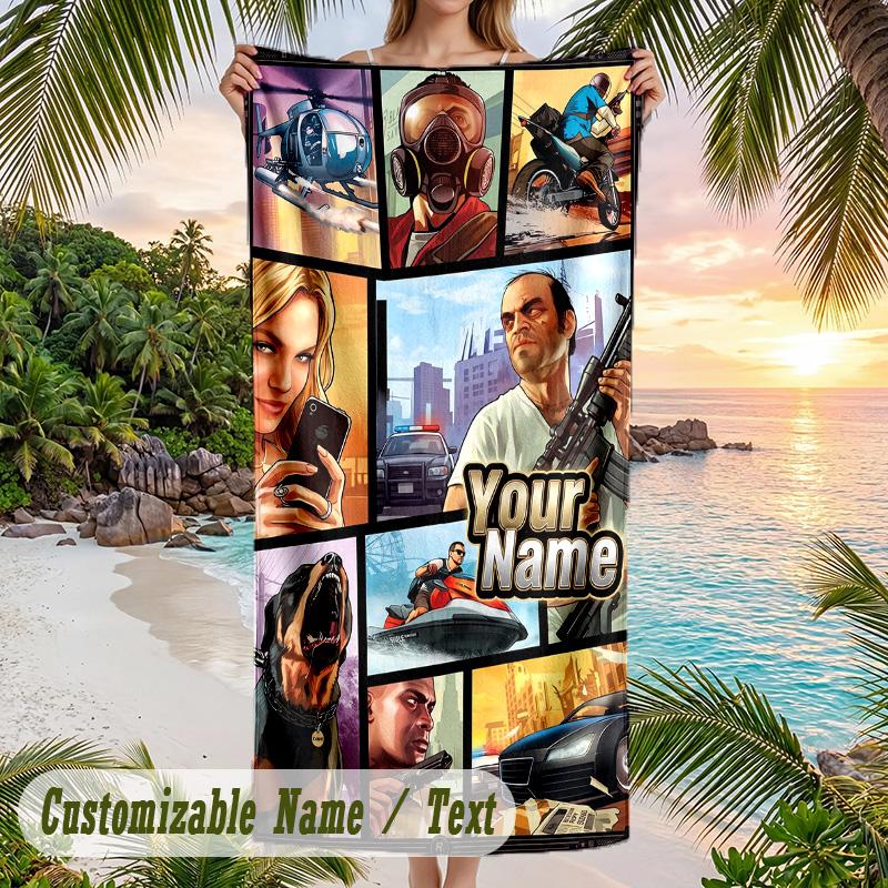 GTA Beach Towel, Personalized Custom Text, Quick Dry Soft Large Towel For Swimming Pool Travel