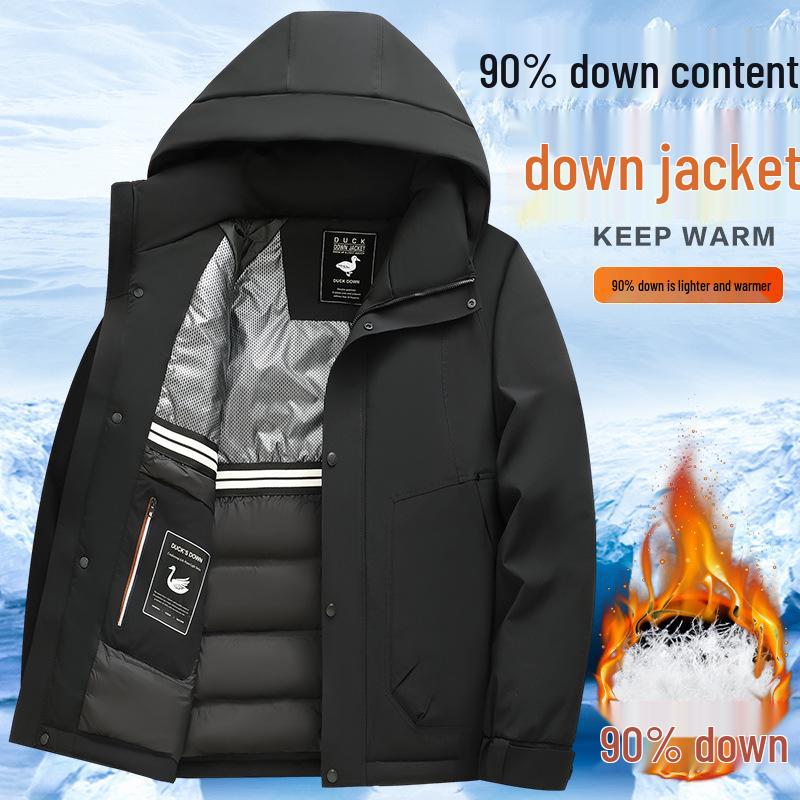 Pánská zimní zesílená péřová bunda s kapucí pro venkovní ochranu před chladem a horolezectví.