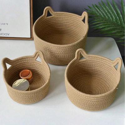 1 pz Cesta portaoggetti in corda con design a orecchie di gatto, tessuta a mano, piccola, per scrivania, soggiorno, camera da letto, scrivania, comodino