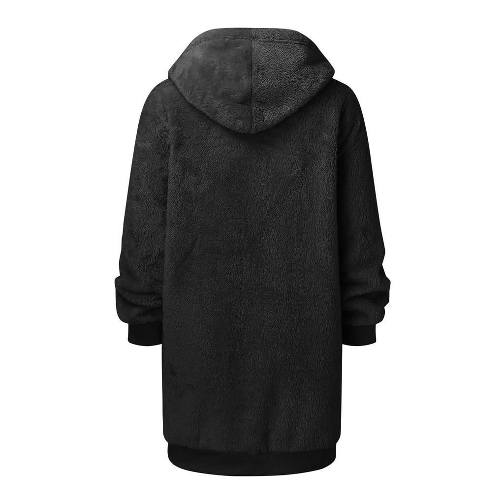 Women's Fashionable Coat Solid Color Long Sleeved Hooded Drawstring Pocket Zipper Long Warm Jackett