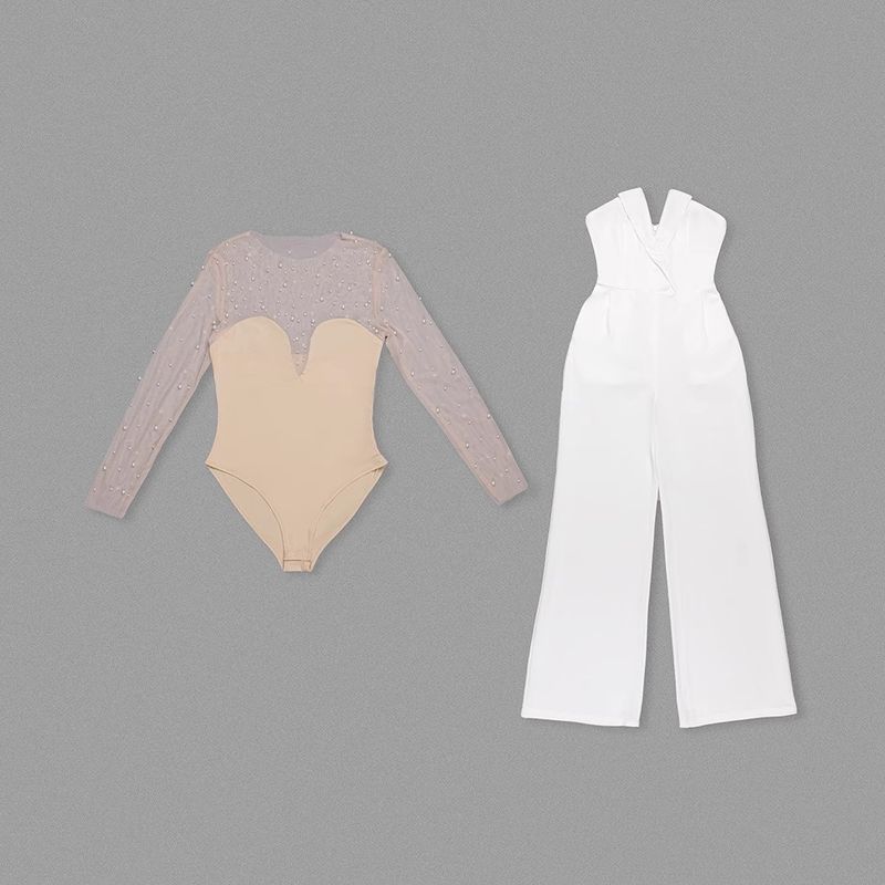 

Пузырьковые бусины Высокая талия Белый Вечерний наряд Хост Показ на подиуме Обёрнутый лиф White [no belt] Two-piece set L