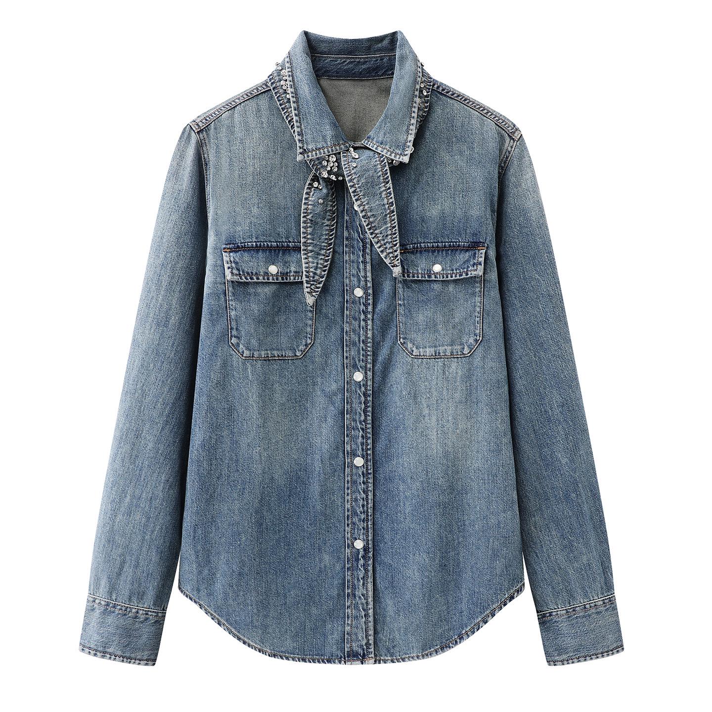 

2026 Spring Women s Floral Beaded Denim Shirt - Loose Fit, Tie-Up Style M синий