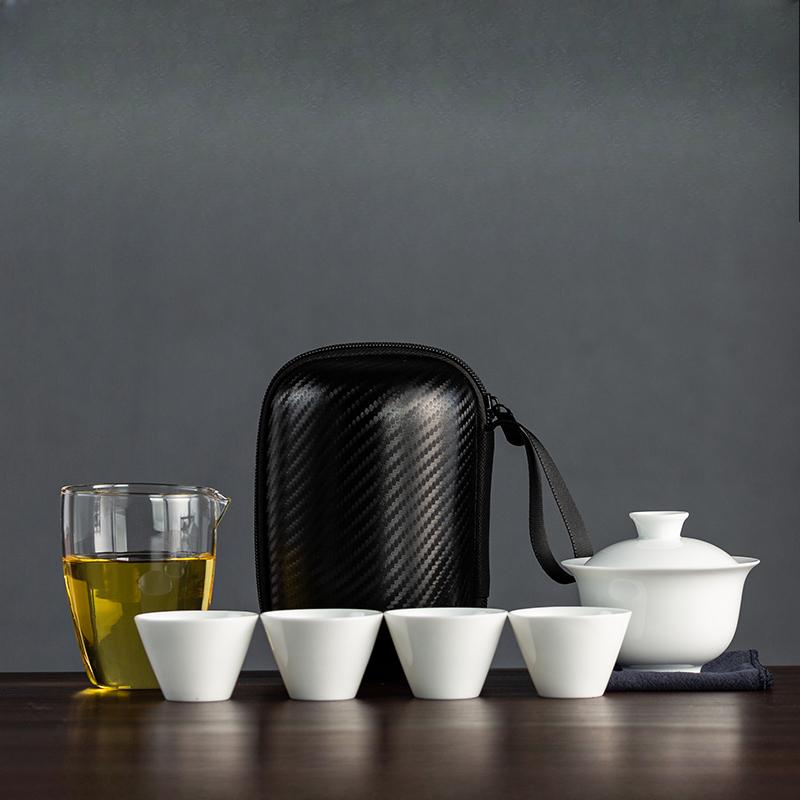 Dehua White Porcelain Travel Tea Set Outdoor Travel Portable Glass Quick Cup Cover Bowl Small Three Cups