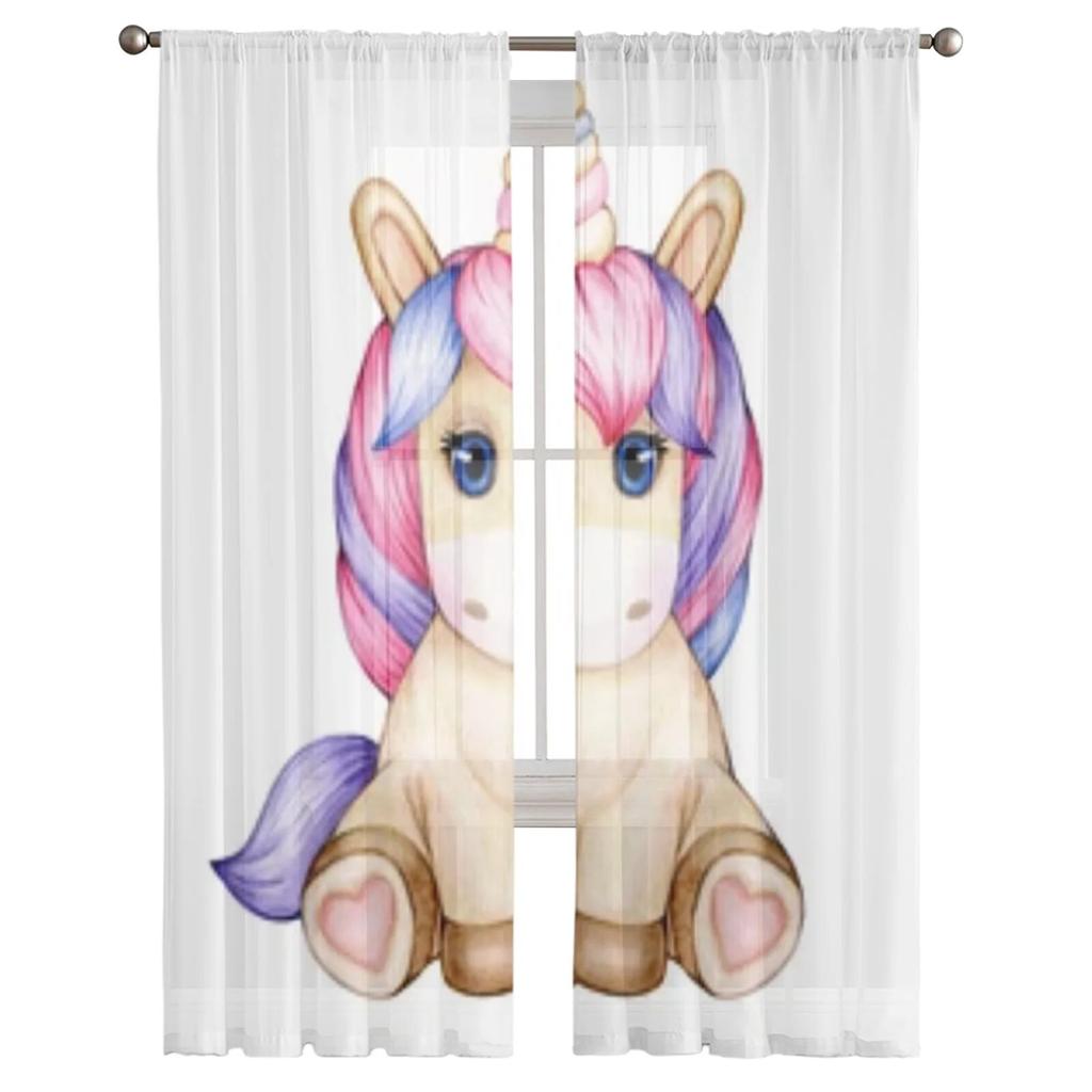 Cute Unicorn Cartoon Sheer Window Curtains For Living Room Bedroom Modern Voile Tulle Curtains Fabric Drapes For Kitchen