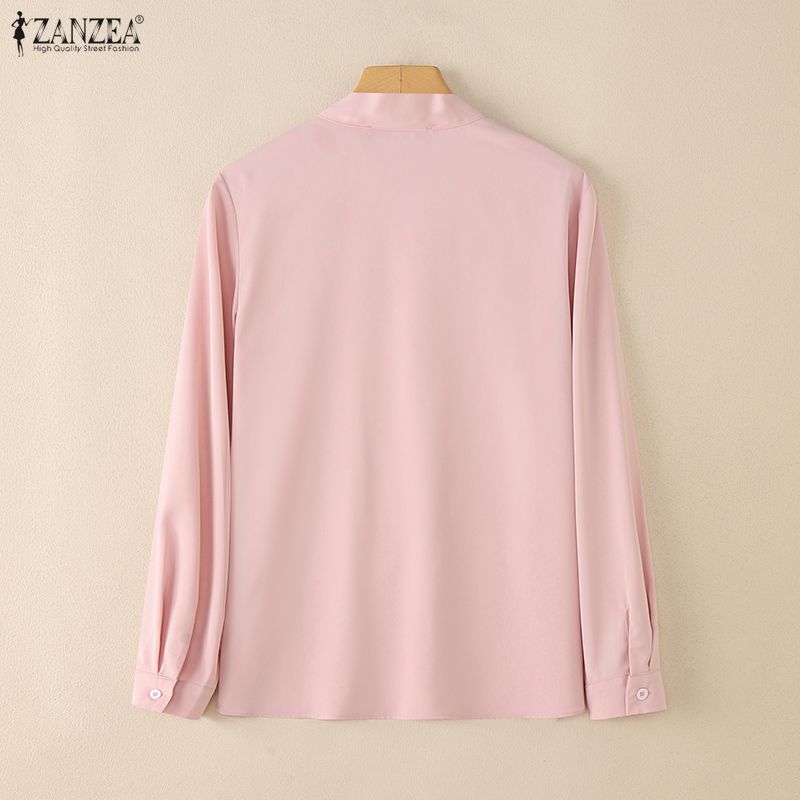 ZANZEA Women Casual Bow Collar Solid Color 3/4 Sleeve Blouse