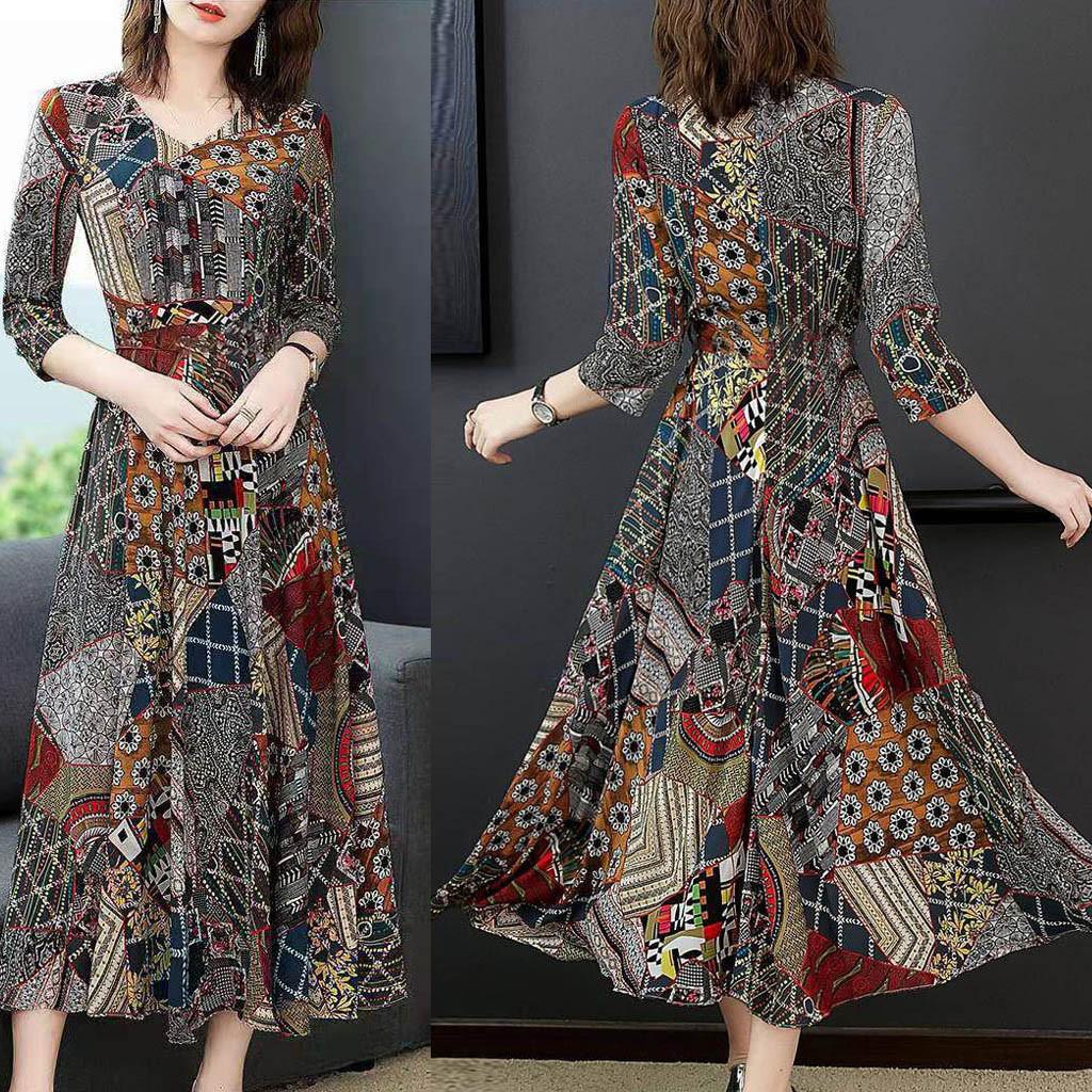 Fashion Printed V Neck Three Quarter Sleeve Irregular Dress