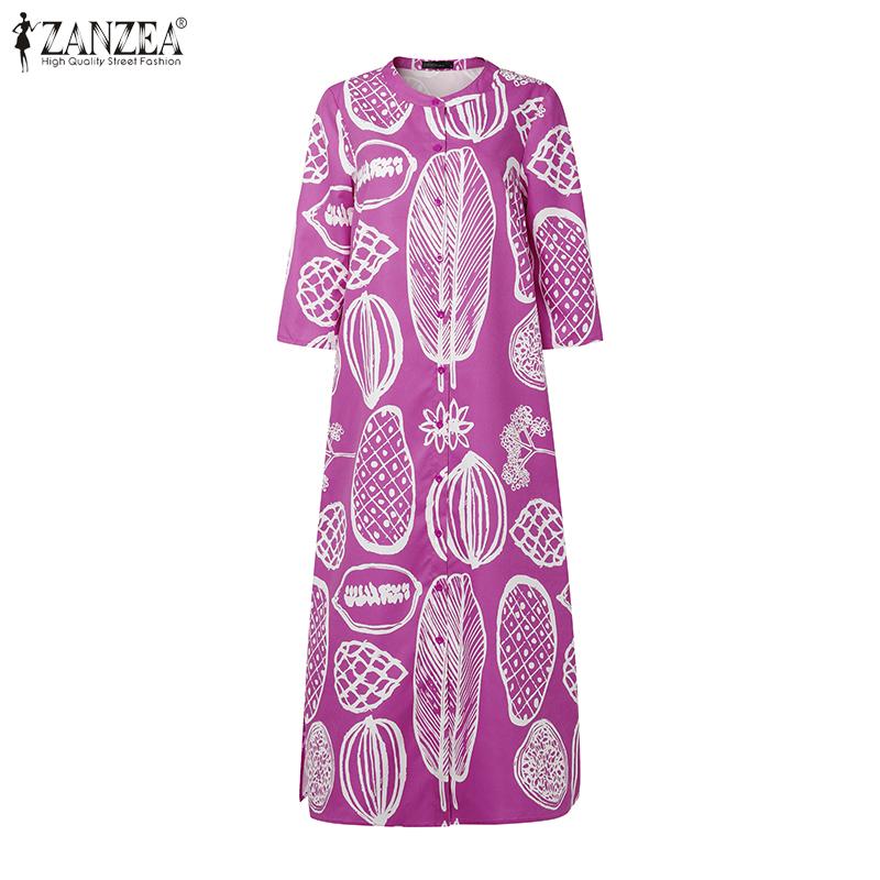 ZANZEA Women Casual Round Neck Loose 3/4 Sleeve Print Dress