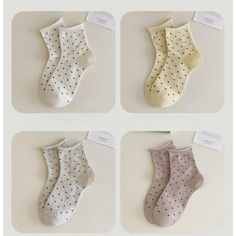 4 Pairs of Mid-calf Polka Dot Rolled Summer Cotton Socks, Sweat-absorbing, Odor-proof, Versatile and Simple Student Thigh-high Socks