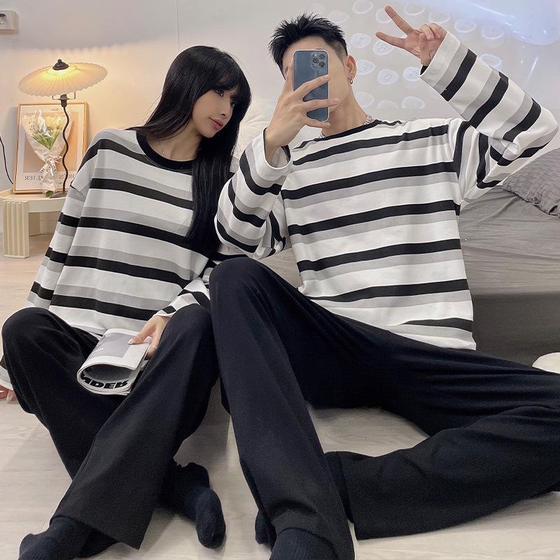 Korean Style Striped Couple Pajama Set: Long Sleeve & Pants, Unisex, Plus Size, Spring/Autumn