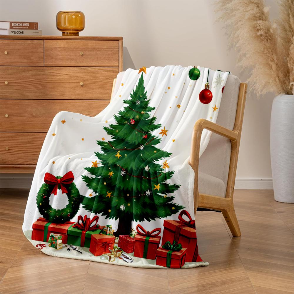 1 Stück Plüsch-Weihnachtsbaum Beflockte Decke - Weiche Ganzjahres-Sofa-Tagesdecke mit Grüner Tanne, Roten Ornamenten & Goldenen Sternen