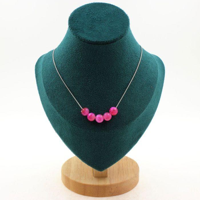 Stones and Minerals. Necklace 5 Beads Cracked Agate Fuchsia 8 Mm. Steel Chain Necklace Women, Men. Customizable Size.