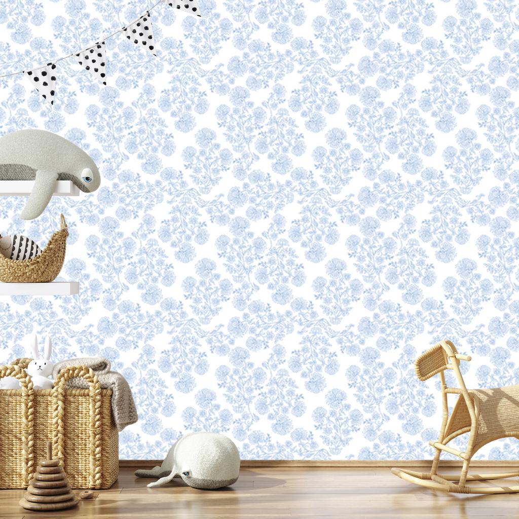 Wallpaper Flowers white and azure, a clear detail for the living room and bedroom 50x1000