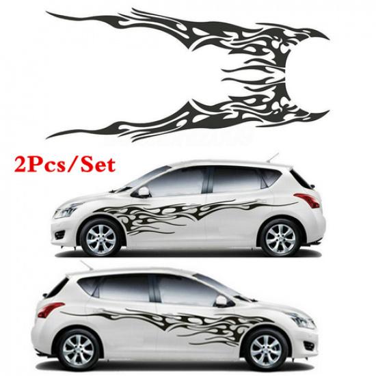 2Pcs Car Body Door Sticker Racing Stripes Black Flame Graphics DIY Vinyl Decal