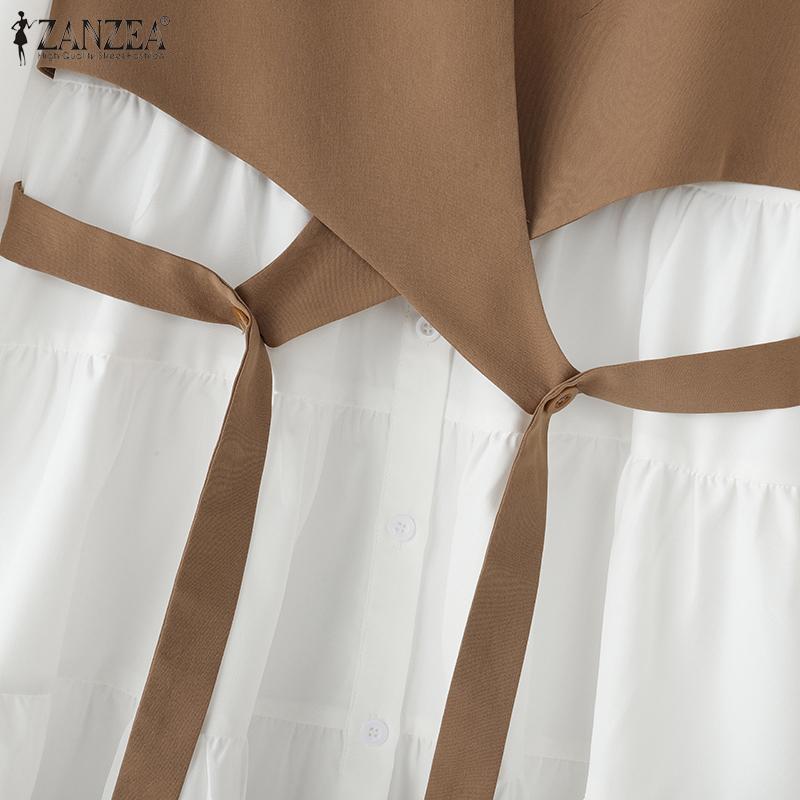 ZANZEA Women Casual Turn Down Collar Loose Long Sleeve Patchwork Shirt Dress