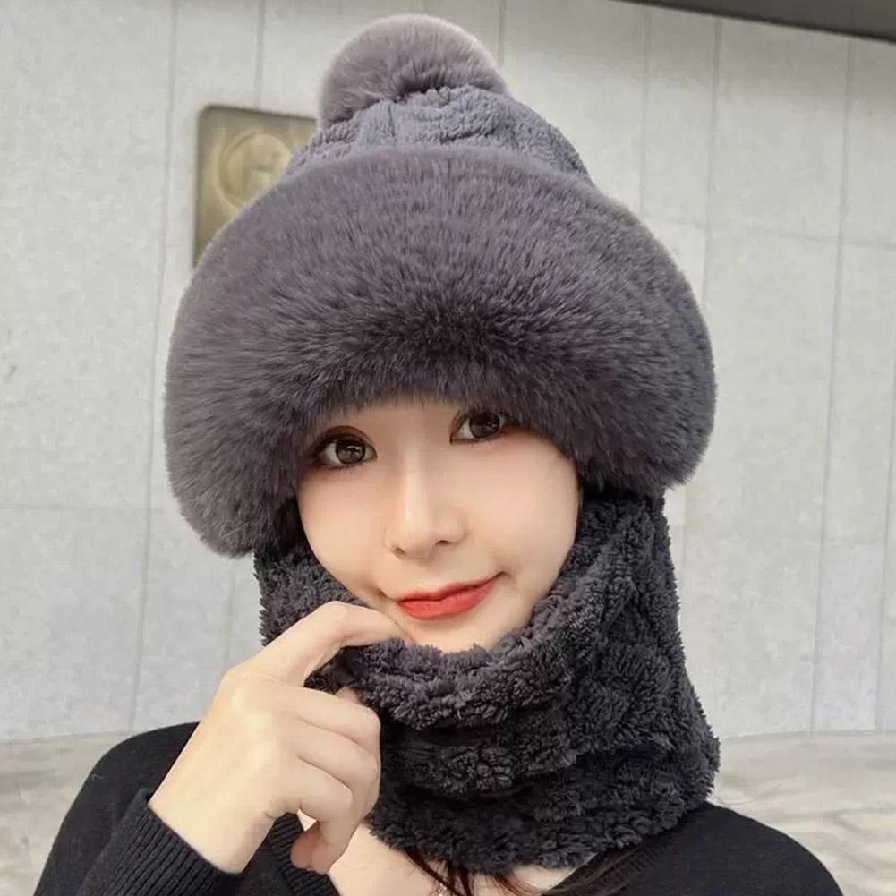 Winter Scarf Set Hooded Hat Set Women Plush Neck Warm Russia Outdoor Skiing Caps Windproof Plush Hat Thick Plush Fluffy Beanies