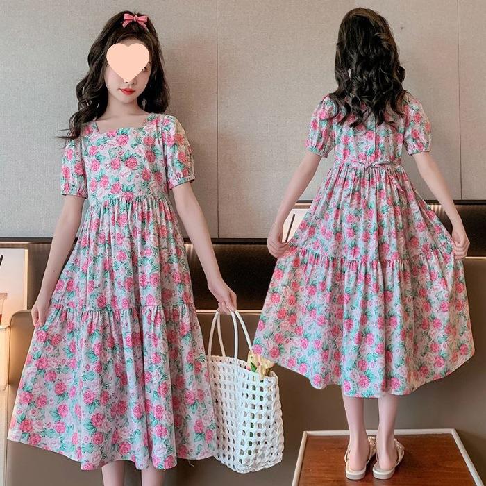 Girls Korean Floral Short Sleeve Dress Summer Cinched Waist Princess Party Dress For Kids Fashionable 120
