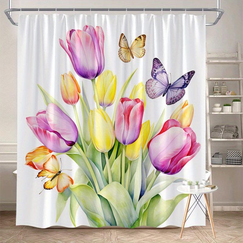 

Colorful Tulip Shower Curtain - Pink, Yellow & Purple Flowers With Butterflies, Spring Design, Machine Washable Polyester W60H190(CM)-1 Pcs