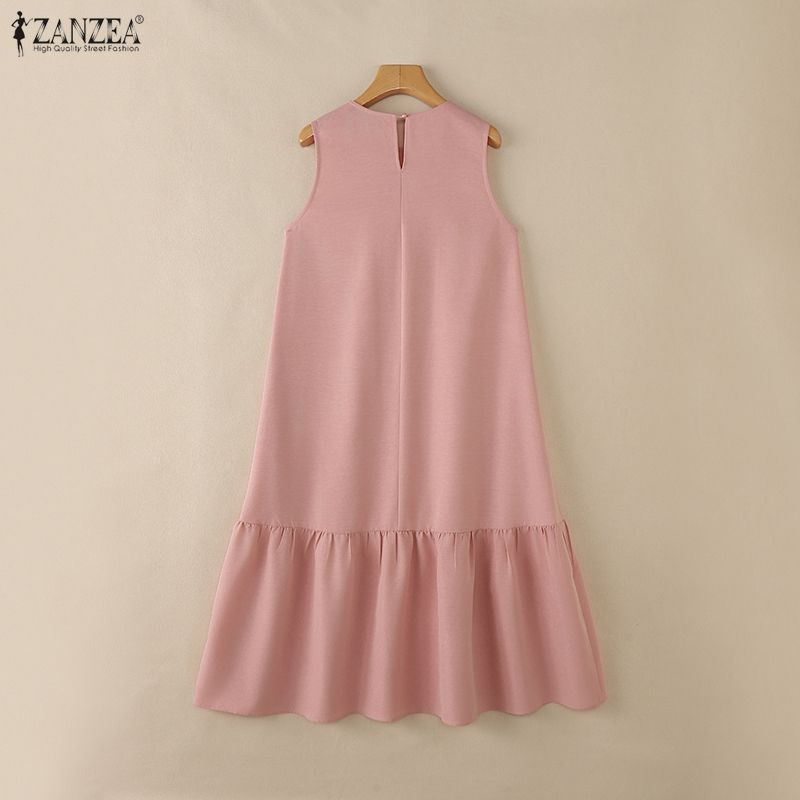 ZANZEA Women Casual Round Neck Solid Color Loose Sleeveless Dress