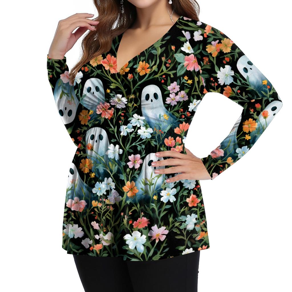 Damen Plus Size Langarm V-Ausschnitt Bluse mit Halloween-Print Lässiges Tunika-Oberteil für den Herbst