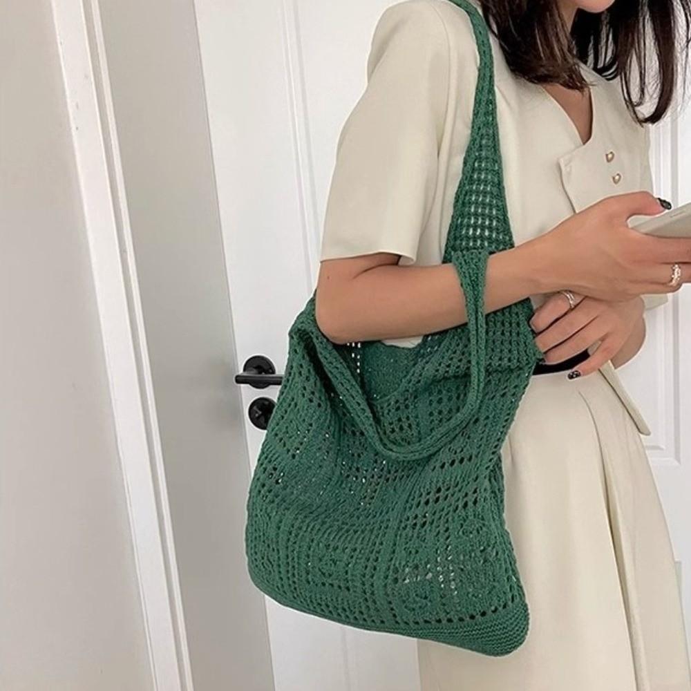 Vintage Solid Color Knitting Shoulder Bag Hollow Bohemian Style Crochet Mesh Bag Large Capacity Woven Beach Tote Bag Picnic