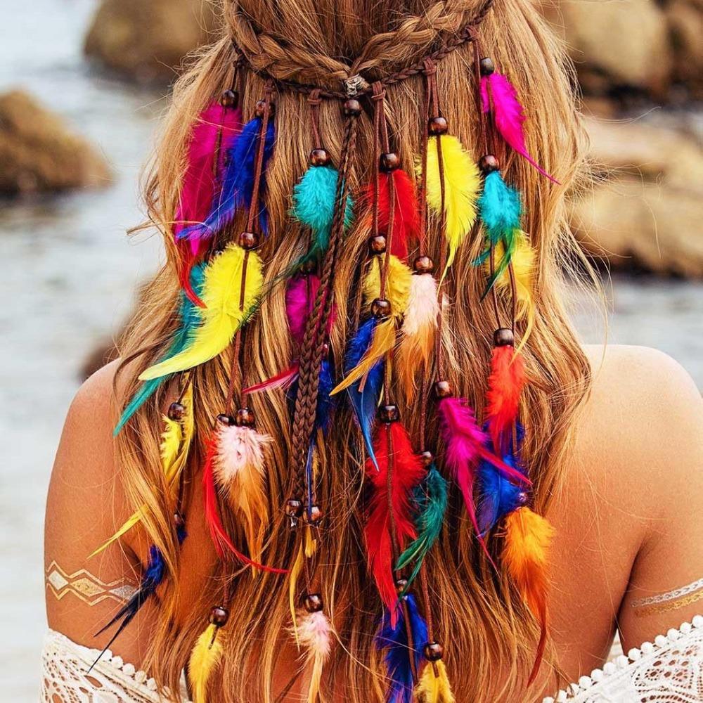 Fascia per Capelli con Piume Regolabile, Frange, Arcobaleno, Fascia Indiana, Elegante Copricapo Stile Boho, Festivo