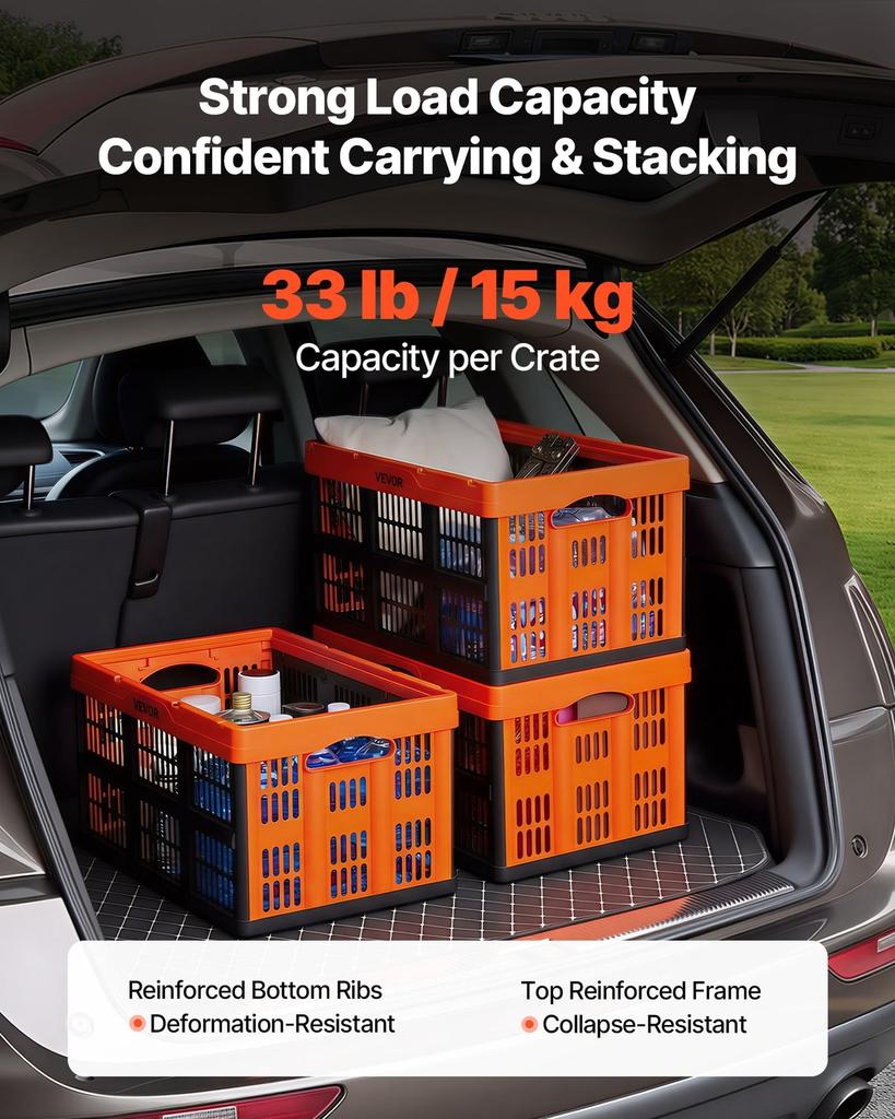 Plastic Collapsible Storage Bins, 45L 6 Packs, Stackable Folding Storage Crates with Handles, Holds 15 kg Per Bin, Foldable Heavy Duty Containers,
