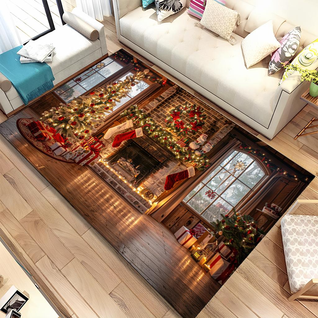 Cute Santa Claus Cartoon Merry Christmas Tree Festival Gift Carpet Rug for Living Room Bedroom Home Sofa Decoration,Non-slip