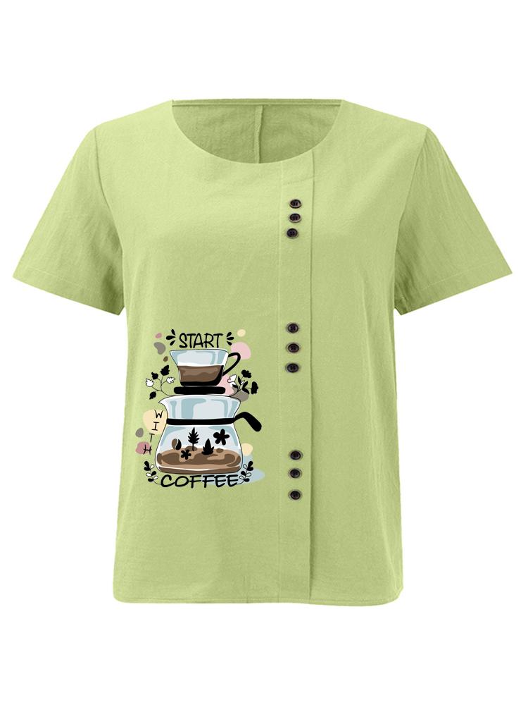 

Women s Fashion Coffee Cup Letter Pattern Print Round Neck Short Sleeve T-shirt Summer Casual Cotton Linen Graphic Shirt Leisure Loose Blouse Tops 5XL зелений