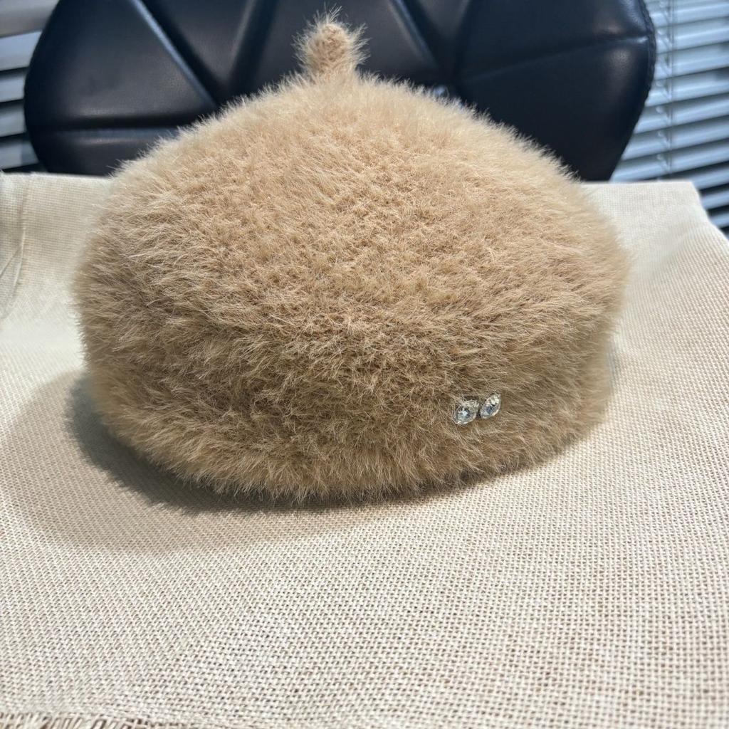 Diamond Pattern Rabbit Fur Beret For Women Plush Knitted Thickened Warm Winter Artist Hat Elegant Autumn Casual Cloche