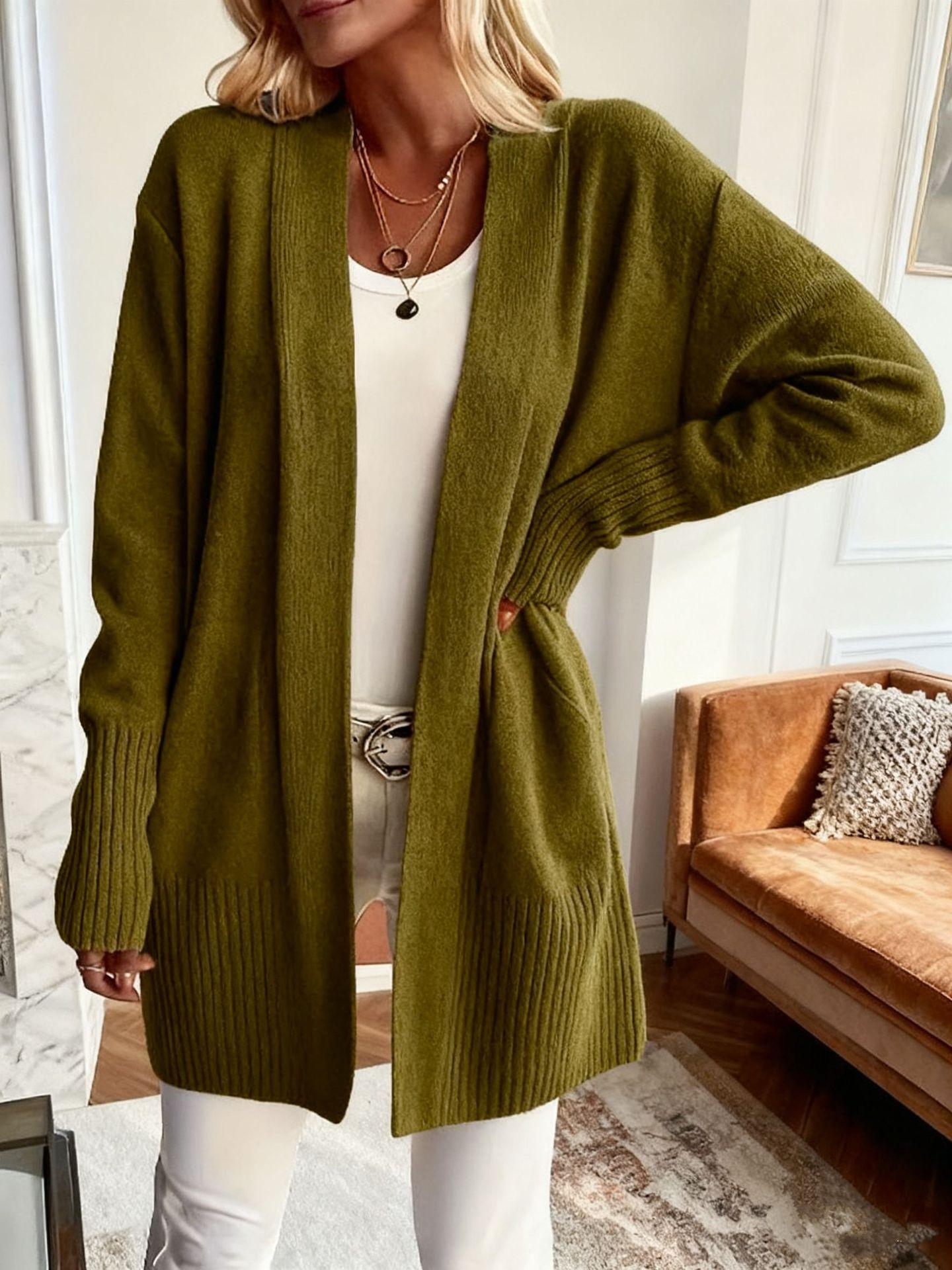 QINQING Dames Oversized V-hals Lange Mouwen Gebreide Vest Effen Kleur Losse Pasvorm Open Voorkant Jas L olijf