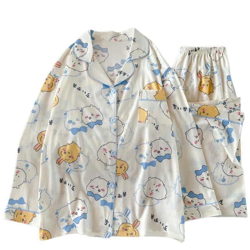 Japanese girl cartoon full print pajamas women's spring and autumn long-sleeved thin comfortable loungewear suit real shot