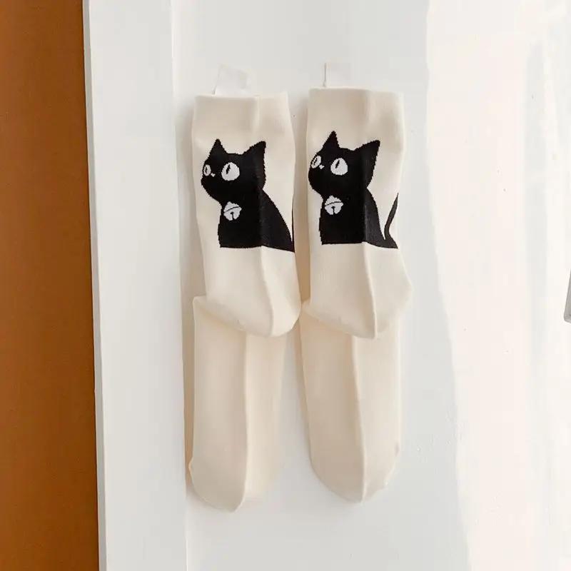 1 Pair Cartoon Cat Printed Kawaii Socks Women College Style School Girls Cute Socks Casual Harajuku Retro Middle Tube Socks