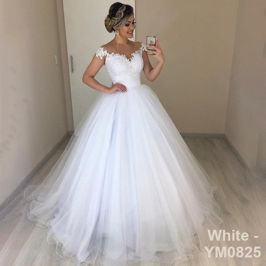 New  One-Shoulder V-Neck Slim Fit Wedding Dress with Puff Train and Lace Trim