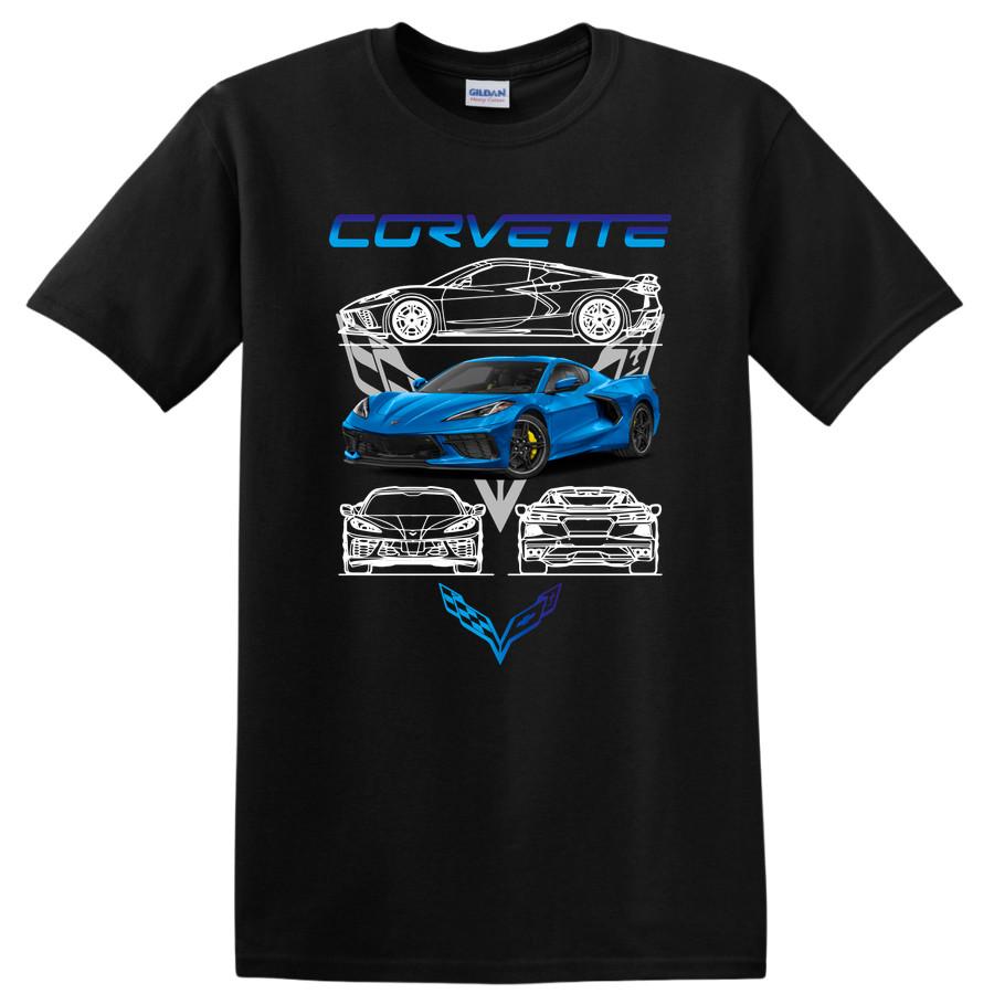 Corvette C8 Blue Sports Car Graphic T Shirt for Car Lovers and Fans Tee
