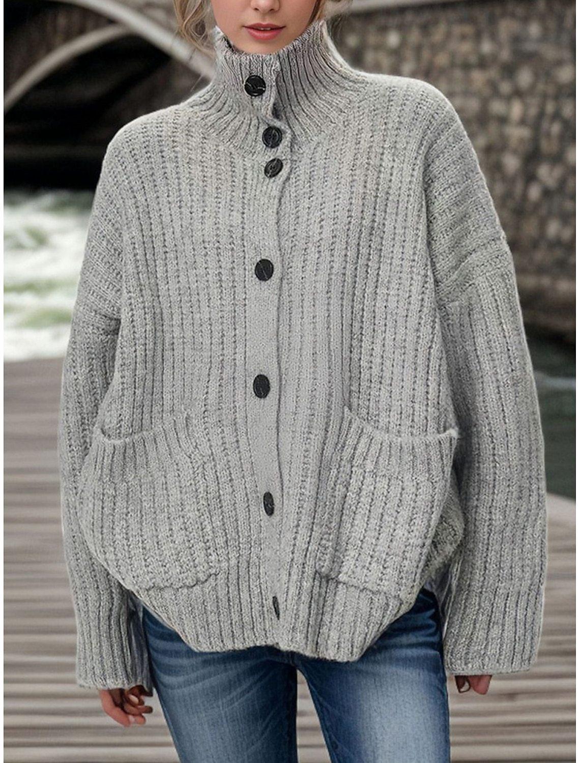 

Women s Plus Size Cable Knit High Neck Button-Up Cardigan - Korean Retro Style for Autumn/Winter 1XL серебряный