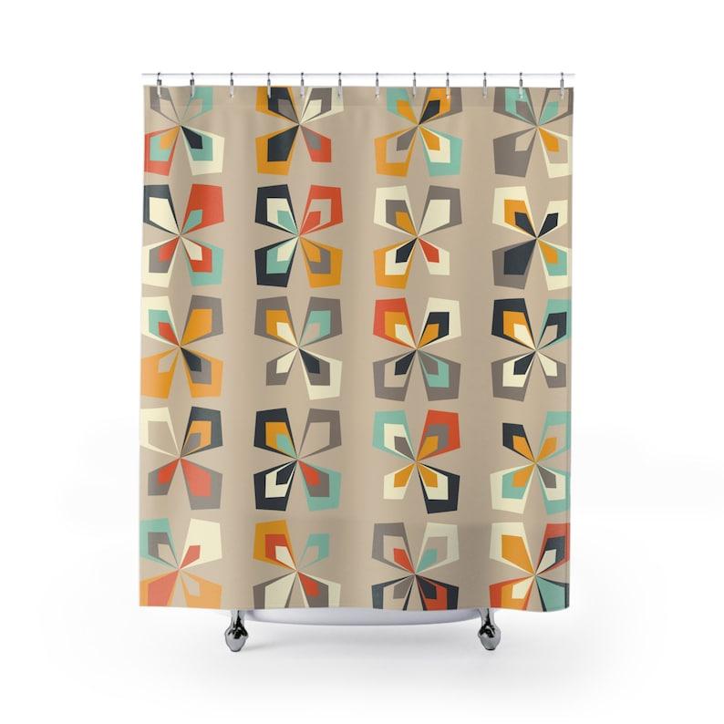 Retro 60s 70s Mid Century Modern Shower Curtain - Abstract Vintage Floral | Brown, Orange & Teal MCM Bathroom Decor 90X180cm