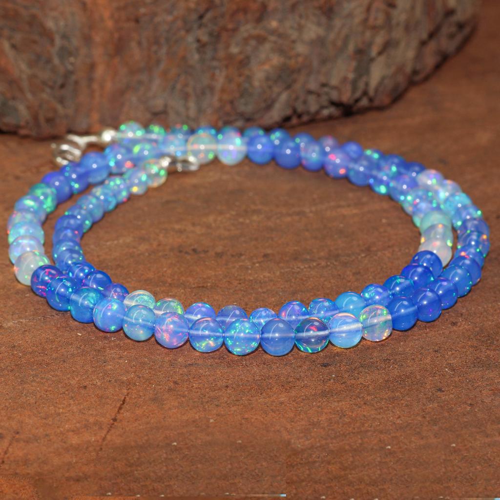 Natural Blue Shaded Opal Gemstone Beads Necklace, Ethiopian Blue Opal Beaded Necklace, Handmade Necklace for Women, Birthstone Gift for Her