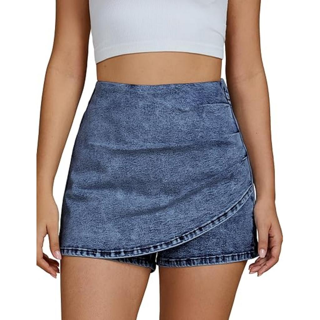 Women's White Short Top and Light Blue Denim Skirt Set with Asymmetric Hem and Slit