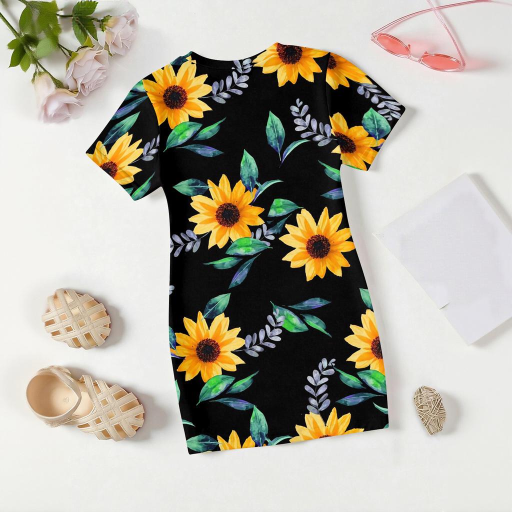 Girls Print Casual Dress Kids Loose Round Neck Short Sleeve Thin Sundress