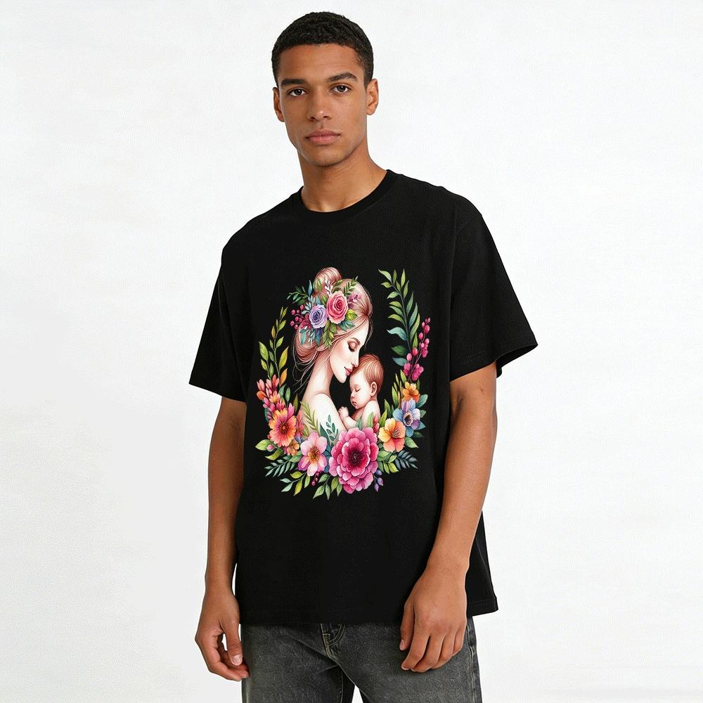 Mother And Baby Floral Print Casual Adult T-Shirt Pure Cotton T-shirt