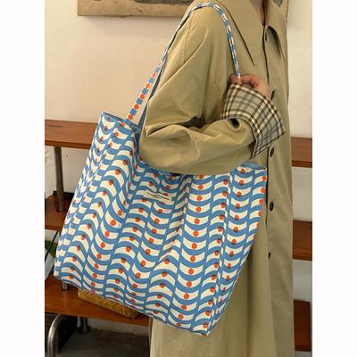 Fresh Plaid Nylon Double-sided Bag Large Capacity Versatile Korean Lazy Wind Big Bag Sweet Printed Letter Bag Female