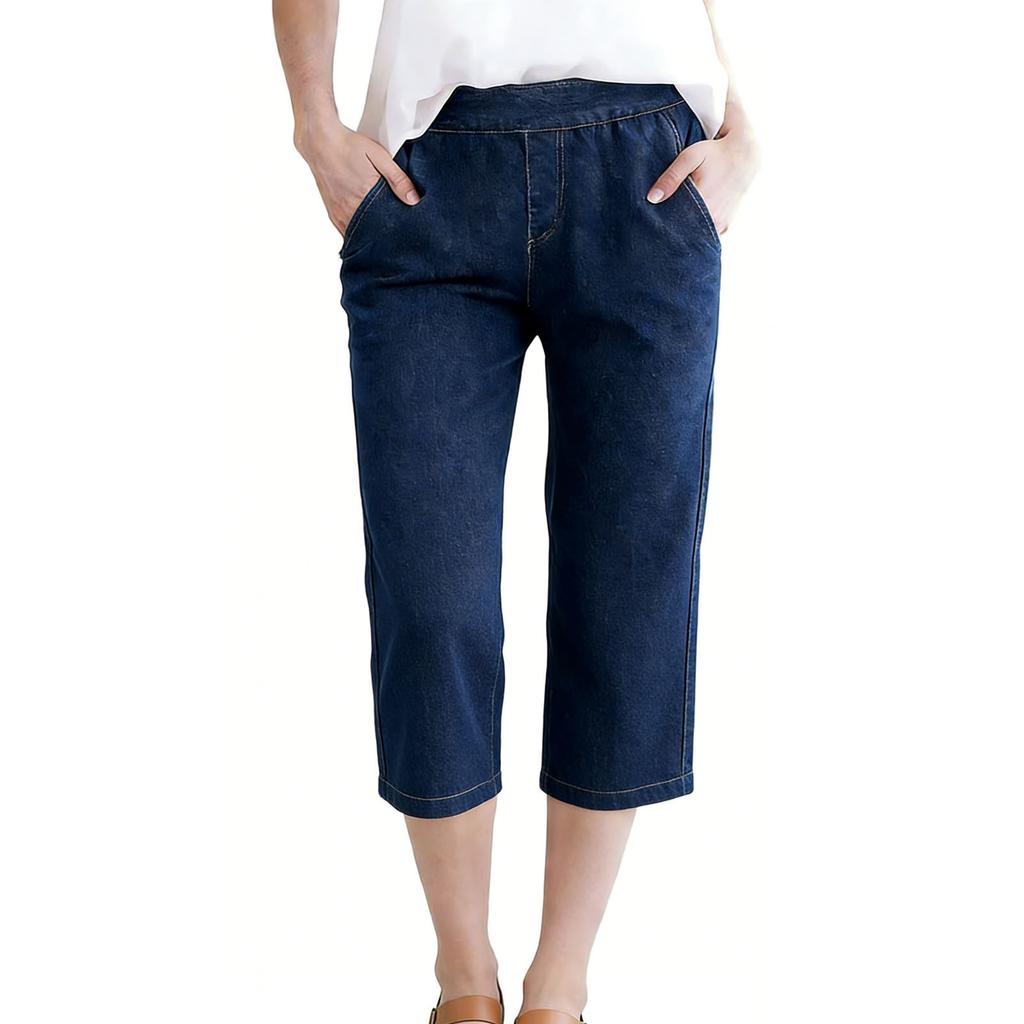 Women’s Mid Rise Elastic Waistband Denim Capris with Pockets Loose Fit Cropped Jeans for Everyday Wear