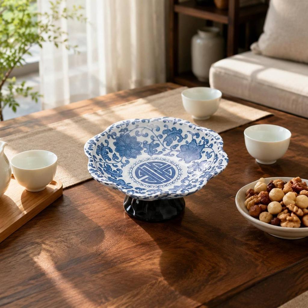 Blue and White Pedestal Bowl Decorative Porcelain Fruit Bowl Porcelain Tea Snack Plate Easy To Clean Pedestal Dessert Plate