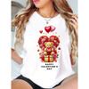 European Size Women's Valentine's Day Pink T-Shirt - Cute Teddy Bear with Roses & Hearts Print, Medium Stretch Round Neck Short Sleeve Casual Top
