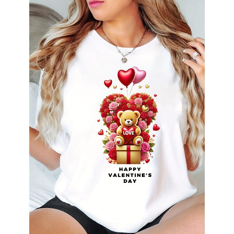 European Size Women s Valentine s Day Pink T-Shirt - Cute Teddy Bear with Roses & Hearts Print, Medium Stretch Round Neck Short Sleeve Casual Top S