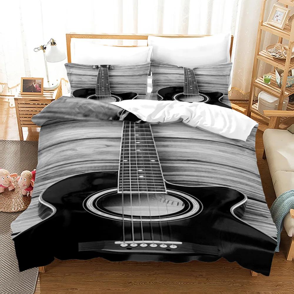 Soft Duvet Cover Plus Pilowcase for Young Boys Ten,Retro Style Guitar,Black Sound System, 3D Print,Music Series,Warm Comforter Cover Set, Quen
