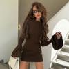 New Sping Autumn Bell Sleeve Round Neck Slim Fit Dress For Women Knitted Fleece-Lined Warm Fashion Women Clothing